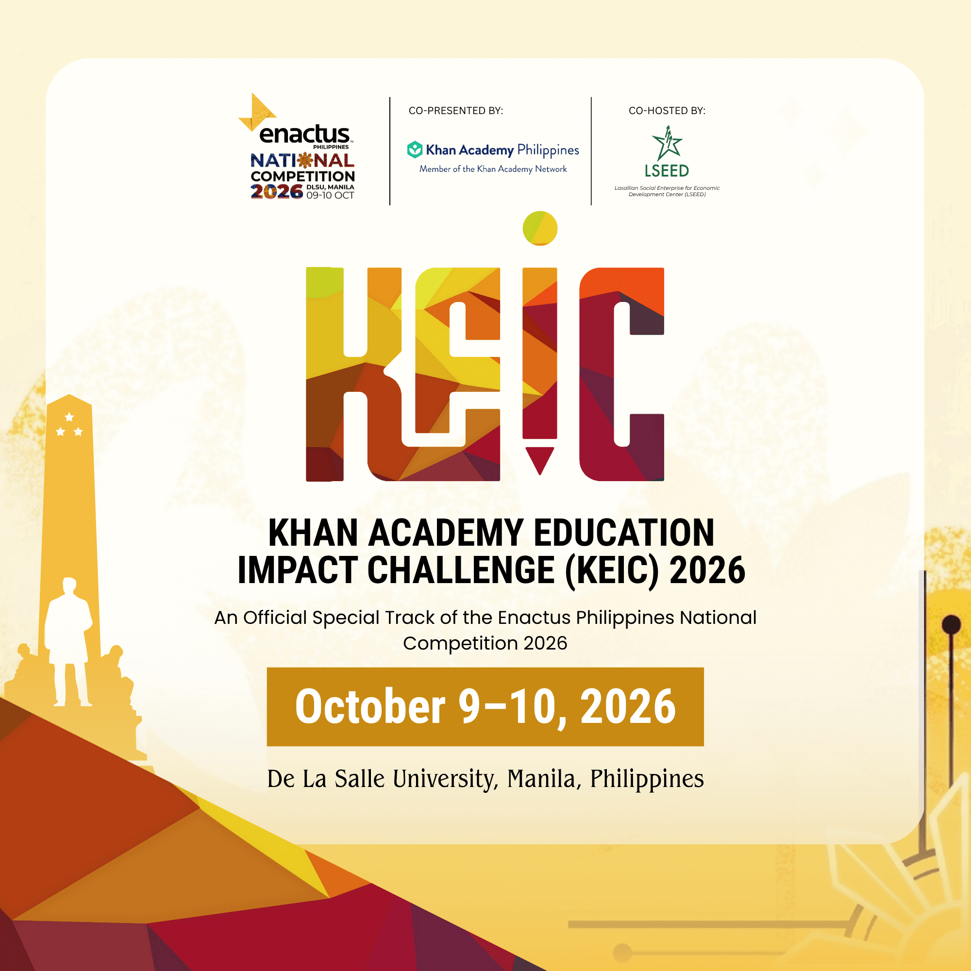 Official poster of the Khan Academy Education Impact Challenge (KEIC) 2026 — October 9–10, 2026, De La Salle University, Manila, Philippines